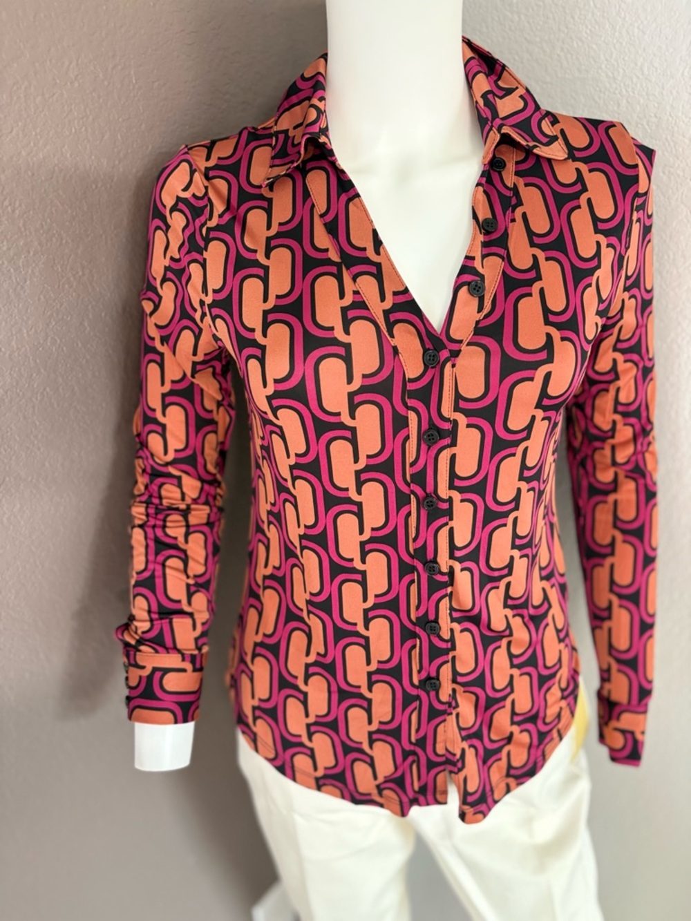 Geometric Pink & Orange Button-Front Shirt